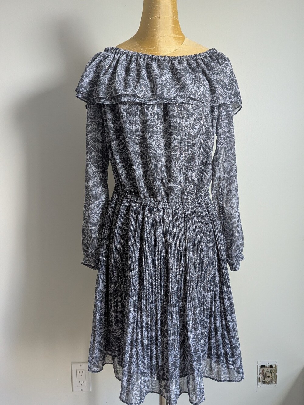 Michael Kors Women's Off-Shoulder Long Sleeve Pleated Dress Size M